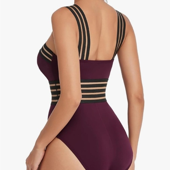 Women's Strappy Purple and Black Tummy Control Swimsuit - Picture 2 of 5